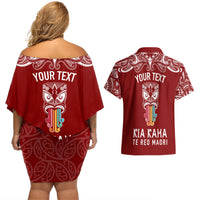 Personalised Kia Kaha Te Reo Maori Couples Matching Off Shoulder Short Dress and Hawaiian Shirt Hei Tiki Mix Koru - Red LT7 - Polynesian Pride