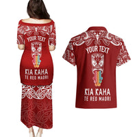 Personalised Kia Kaha Te Reo Maori Couples Matching Puletasi Dress and Hawaiian Shirt Hei Tiki Mix Koru - Red LT7 - Polynesian Pride