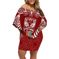 Personalised Kia Kaha Te Reo Maori Off Shoulder Short Dress Hei Tiki Mix Koru - Red LT7 Women Red - Polynesian Pride