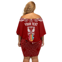 Personalised Kia Kaha Te Reo Maori Off Shoulder Short Dress Hei Tiki Mix Koru - Red LT7 - Polynesian Pride