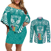 Personalised Kia Kaha Te Reo Maori Couples Matching Off Shoulder Short Dress and Long Sleeve Button Shirts Hei Tiki Mix Koru - Teal LT7 Teal - Polynesian Pride