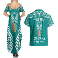 Personalised Kia Kaha Te Reo Maori Couples Matching Summer Maxi Dress and Hawaiian Shirt Hei Tiki Mix Koru - Teal LT7 - Polynesian Pride