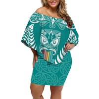 Personalised Kia Kaha Te Reo Maori Off Shoulder Short Dress Hei Tiki Mix Koru - Teal LT7 Women Teal - Polynesian Pride