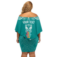 Personalised Kia Kaha Te Reo Maori Off Shoulder Short Dress Hei Tiki Mix Koru - Teal LT7 - Polynesian Pride