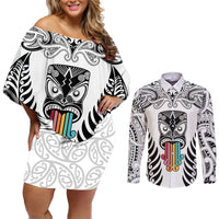 personalised-kia-kaha-te-reo-maori-couples-matching-off-shoulder-short-dress-and-long-sleeve-button-shirts-hei-tiki-mix-koru-white