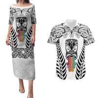 Personalised Kia Kaha Te Reo Maori Couples Matching Puletasi Dress and Hawaiian Shirt Hei Tiki Mix Koru - White LT7 White - Polynesian Pride