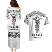 Personalised Kia Kaha Te Reo Maori Couples Matching Puletasi Dress and Hawaiian Shirt Hei Tiki Mix Koru - White LT7 - Polynesian Pride