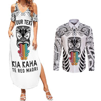 Personalised Kia Kaha Te Reo Maori Couples Matching Summer Maxi Dress and Long Sleeve Button Shirts Hei Tiki Mix Koru - White LT7 White - Polynesian Pride