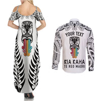 Personalised Kia Kaha Te Reo Maori Couples Matching Summer Maxi Dress and Long Sleeve Button Shirts Hei Tiki Mix Koru - White LT7 - Polynesian Pride