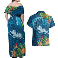 Outrigger Canoe Blue Couples Matching Off Shoulder Maxi Dress and Hawaiian Shirt On The Waves