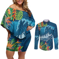 Outrigger Canoe Blue Couples Matching Off Shoulder Short Dress and Long Sleeve Button Shirt On The Waves LT7 Blue - Polynesian Pride
