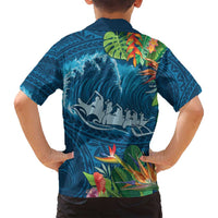 Outrigger Canoe Blue Family Matching Long Sleeve Bodycon Dress and Hawaiian Shirt On The Waves
