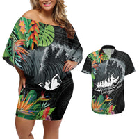 Outrigger Canoe Black Couples Matching Off Shoulder Short Dress and Hawaiian Shirt On The Waves LT7 Black - Polynesian Pride