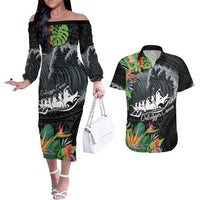 Outrigger Canoe Black Couples Matching Off The Shoulder Long Sleeve Dress and Hawaiian Shirt On The Waves