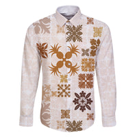 Vintage Hawaii Family Matching Off Shoulder Short Dress and Hawaiian Shirt Hawaiian Quilt Kapa Mismatch Beige LT7 Dad's Shirt - Long Sleeve Beige - Polynesian Pride