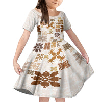 Vintage Hawaii Family Matching Summer Maxi Dress and Hawaiian Shirt Hawaiian Quilt Kapa Mismatch Beige LT7 Daughter's Dress Beige - Polynesian Pride