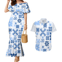 Vintage Hawaii Couples Matching Mermaid Dress and Hawaiian Shirt Hawaiian Quilt Kapa Mismatch Blue LT7 Blue - Polynesian Pride