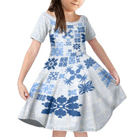 Vintage Hawaii Family Matching Long Sleeve Bodycon Dress and Hawaiian Shirt Hawaiian Quilt Kapa Mismatch Blue LT7 Daughter's Dress Blue - Polynesian Pride