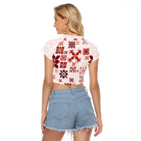 Vintage Hawaii Raglan Cropped T Shirt Hawaiian Quilt Kapa Mismatch Red LT7 - Polynesian Pride