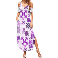 Vintage Hawaii Family Matching Summer Maxi Dress and Hawaiian Shirt Hawaiian Quilt Kapa Mismatch Purple LT7 Mom's Dress Purple - Polynesian Pride