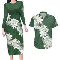 Ia Orana Tahiti Tiare Couples Matching Long Sleeve Bodycon Dress and Hawaiian Shirt Sage Green Lei - Polynesian Pride