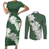 Ia Orana Tahiti Tiare Couples Matching Short Sleeve Bodycon Dress and Long Sleeve Button Shirt Sage Green Lei - Polynesian Pride