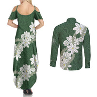 Ia Orana Tahiti Tiare Couples Matching Summer Maxi Dress and Long Sleeve Button Shirt Sage Green Lei - Polynesian Pride