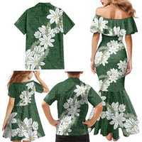 Ia Orana Tahiti Tiare Family Matching Mermaid Dress and Hawaiian Shirt Sage Green Lei - Polynesian Pride