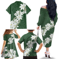 Ia Orana Tahiti Tiare Family Matching Off The Shoulder Long Sleeve Dress and Hawaiian Shirt Sage Green Lei - Polynesian Pride