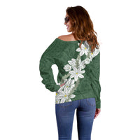 Ia Orana Tahiti Tiare Off Shoulder Sweater Sage Green Lei - Polynesian Pride