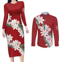 Ia Orana Tahiti Tiare Couples Matching Long Sleeve Bodycon Dress and Long Sleeve Button Shirt Crimson Lei - Polynesian Pride