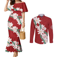 Ia Orana Tahiti Tiare Couples Matching Mermaid Dress and Long Sleeve Button Shirt Crimson Lei - Polynesian Pride