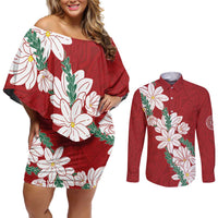 Ia Orana Tahiti Tiare Couples Matching Off Shoulder Short Dress and Long Sleeve Button Shirt Crimson Lei - Polynesian Pride