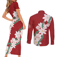 Ia Orana Tahiti Tiare Couples Matching Short Sleeve Bodycon Dress and Long Sleeve Button Shirt Crimson Lei - Polynesian Pride
