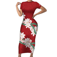 Ia Orana Tahiti Tiare Family Matching Short Sleeve Bodycon Dress and Hawaiian Shirt Crimson Lei - Polynesian Pride