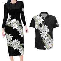 Ia Orana Tahiti Tiare Couples Matching Long Sleeve Bodycon Dress and Hawaiian Shirt Black Lei - Polynesian Pride