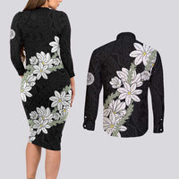 Ia Orana Tahiti Tiare Couples Matching Long Sleeve Bodycon Dress and Long Sleeve Button Shirt Black Lei - Polynesian Pride