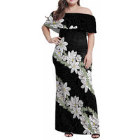 Ia Orana Tahiti Tiare Family Matching Off Shoulder Maxi Dress and Hawaiian Shirt Black Lei - Polynesian Pride