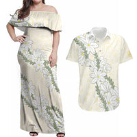 Ia Orana Tahiti Tiare Couples Matching Off Shoulder Maxi Dress and Hawaiian Shirt Lemon Yellow Lei - Polynesian Pride