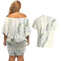 Ia Orana Tahiti Tiare Couples Matching Off Shoulder Short Dress and Hawaiian Shirt Lemon Yellow Lei - Polynesian Pride