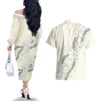 Ia Orana Tahiti Tiare Couples Matching Off The Shoulder Long Sleeve Dress and Hawaiian Shirt Lemon Yellow Lei - Polynesian Pride