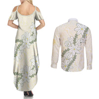 Ia Orana Tahiti Tiare Couples Matching Summer Maxi Dress and Long Sleeve Button Shirt Lemon Yellow Lei - Polynesian Pride