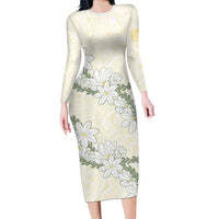 Ia Orana Tahiti Tiare Long Sleeve Bodycon Dress Lemon Yellow Lei - Polynesian Pride
