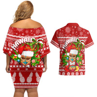 Hawaii Tiki Christmas Couples Matching Off Shoulder Short Dress and Hawaiian Shirt Mele Kalikimaka LT7 - Polynesian Pride