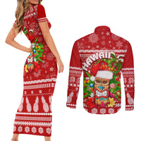 Hawaii Tiki Christmas Couples Matching Short Sleeve Bodycon Dress and Long Sleeve Button Shirt Mele Kalikimaka LT7 - Polynesian Pride