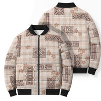 Hawaiian Quilt Tapa On Beige Palaka Motifs Bomber Puffer Jacket