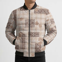 Hawaiian Quilt Tapa On Beige Palaka Motifs Bomber Puffer Jacket