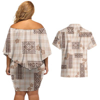 Hawaiian Quilt Tapa On Beige Palaka Motifs Couples Matching Off Shoulder Short Dress and Hawaiian Shirt