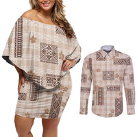 Hawaiian Quilt Tapa On Beige Palaka Motifs Couples Matching Off Shoulder Short Dress and Long Sleeve Button Shirt