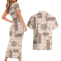 Hawaiian Quilt Tapa On Beige Palaka Motifs Couples Matching Short Sleeve Bodycon Dress and Hawaiian Shirt